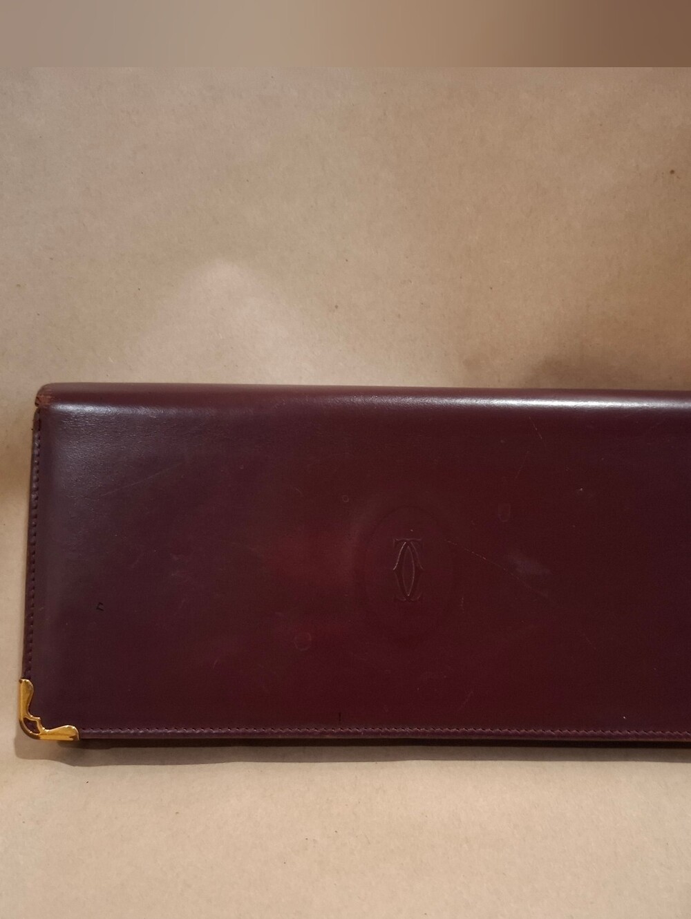 Cartier Men's Leather Clutch Wallet - Wine Brown with Gold Accent